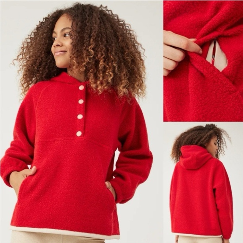Outdoor‎ Voices Women’s Mega Fleece Snap Up Hoodie Red Gogi Berry XS Wool Blend